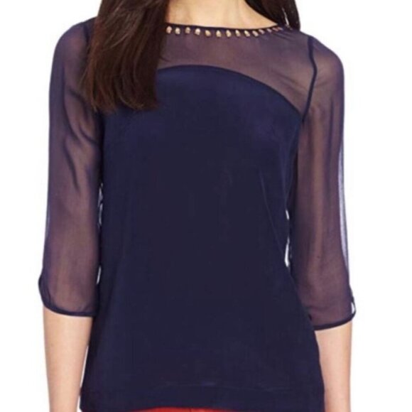 French Connection Tops - French Connection NEW 100% Silk Navy Blue Embellished Beaded Blouse Top Size 10